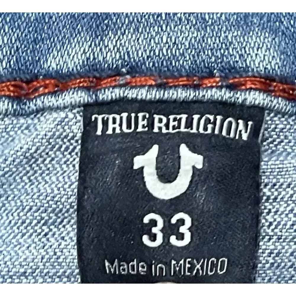 True Religion Ricky Blue Super T Relaxed Straight Flap Jeans Mens 33 Red Stitch